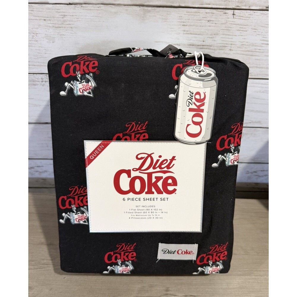 Coca-Cola Diet Coke Queen Sheet Set 6pc Black Retro Soda Can Dorm Bedding NWT